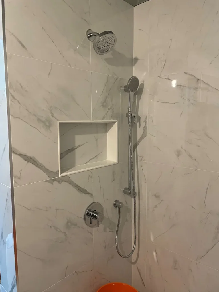 Shower with overhead and handheld fixtures and a recessed shelf